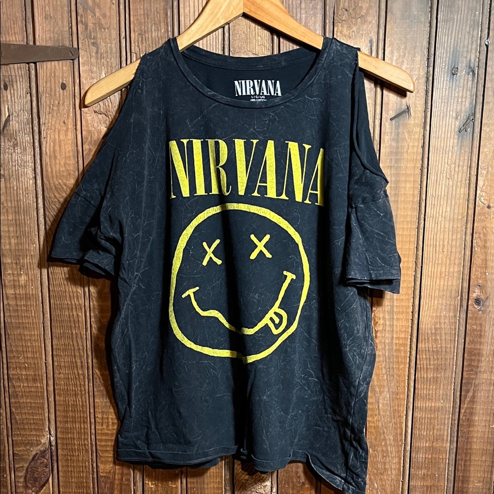 NIRVANA Black and Yellow Cold Shoulder Tee